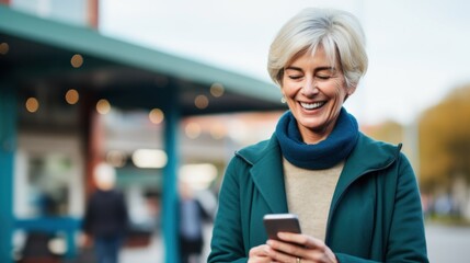 Happy senior female holding smartphone using mobile phone app. Technology, communication, happy adult woman with smartphone at home, recreation, communication, sociality, hobbies, adaptation, AI gen
