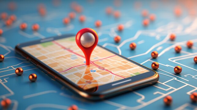 Smartphone with map, 3D Map pins, GPS, navigator pin checking points, 3D World Map icon, technology and application mobile smart phone with mobile, delivery tracking, transportation, generate by AI