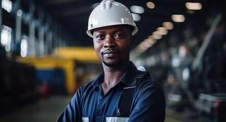 African-american construction worker wearing a helmet 