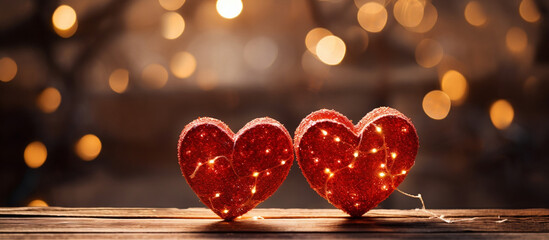 Sparkling Love, Two Red Wooden Hearts Illuminated by Festive Lights