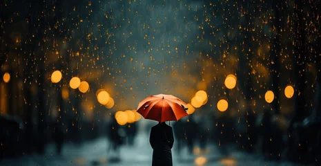 Fotobehang lonely woman with an umbrella in a night park under the light of lanterns, autumn rainy mood © Margo_Alexa