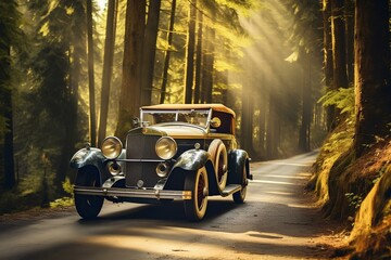 Vintage car driving on forest road on a sunny day. generative AI