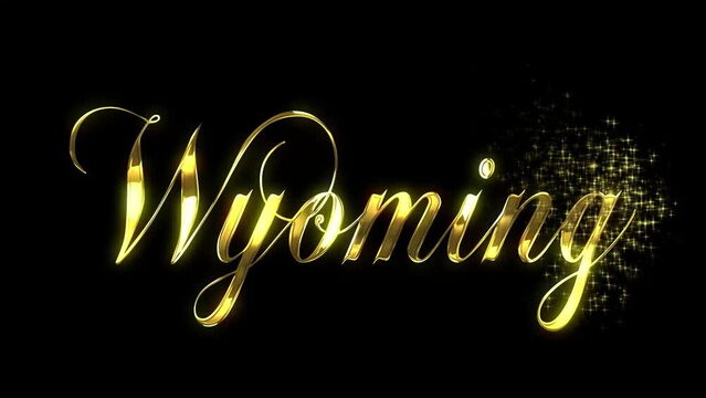 Golden text animated in a reveal with a starburst pattern for WYOMING