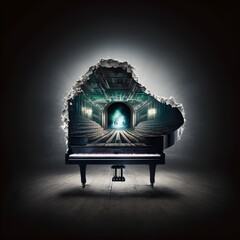an inside out piano photorealstic on a concert hal stage  - obrazy, fototapety, plakaty