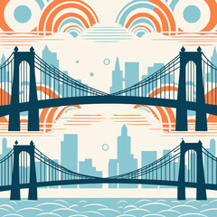 Brooklyn Bridge pattern, background, hand-drawn cartoon flat art Illustrations in minimalist vector style