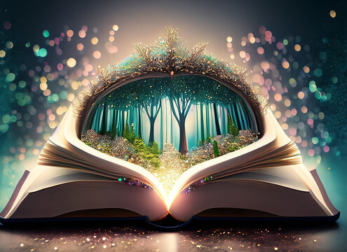 本から飛び出す幻想的な輝く魔法の森
