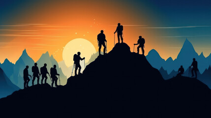 silhouettes of people tourists climbing rocks and mountains. concept of teamwork and support