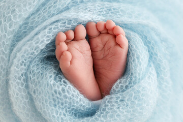 Close-up of tiny, cute, bare toes, heels and feet of a newborn girl, boy. Baby foot on blue soft coverlet, blanket. Detail of a newborn baby legs. Macro horizontal professional studio photo. 