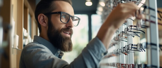 A bearded man stands at a shop window wearing glasses and chooses a frame for glasses in an optician.