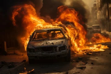 Papier Peint photo Lavable Naufrage Burning car concept of war in Israel. Background with selective focus and copy space