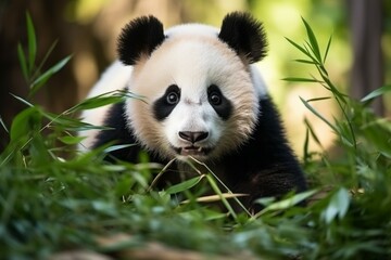 Panda in the forest. Portrait with selective focus and copy space
