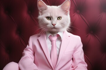 Cute funny anthropomorphic kitty in clothes. Pink mood concept. Portrait with selective focus and copy space