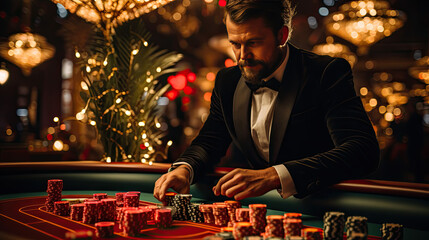 Poker players at the table in the casino with chips - obrazy, fototapety, plakaty