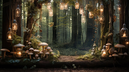 a fairytale forest with large mushrooms and lamps on the branches