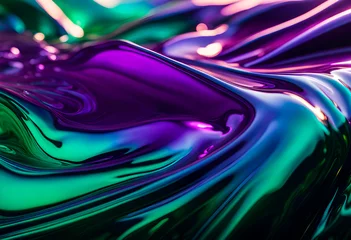 Foto op Plexiglas Abstract Background of emerald and purple splashes of metallic liquid, generative splashes of emerald iridescent liquid with reflections from the sun © Perecciv