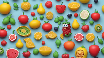 Fruits and vegetables seamless pattern on blue background. Flat lay. top view