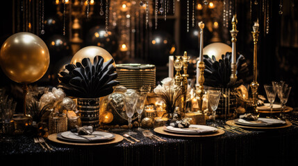 Fototapeta na wymiar Festively laid table in the colors black and gold
