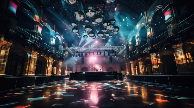 an empty dance floor with a light show