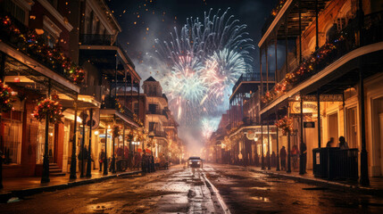 Obraz premium A teacher's street with a car in the middle in the background you can see fireworks at night