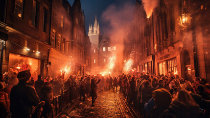 People in an old town at night with burning torches in their hands - obrazy, fototapety, plakaty