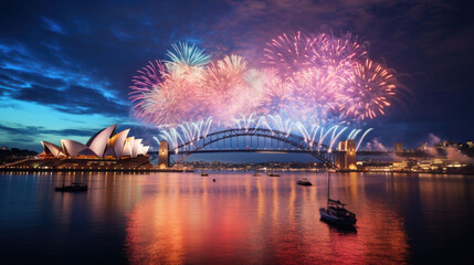 Fototapeta premium New Year's Eve fireworks in Australia, reflections in the water and a back in the middle