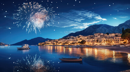 Fireworks over a small Greek seaside town with boats on the water - obrazy, fototapety, plakaty