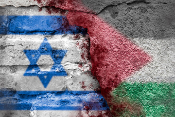 Israel and Palestine. Gaza. Global war. Israeli and Palestinian flags on a brick wall with blood splatters. International conflict and the fight against terrorism.