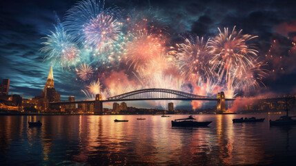 Huge New Year's Eve fireworks over a bridge - obrazy, fototapety, plakaty