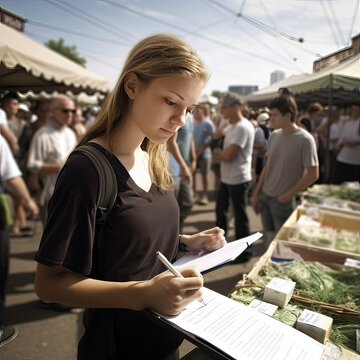 Young Woman Gathers Signatures At A Street Fair