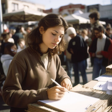 Young woman gathers signatures at a street fair