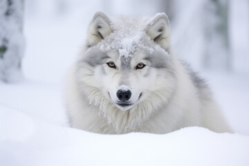 Obraz premium Wolf is laying down on the snow. Its fur is white and gray, snowy forest with trees, portrait