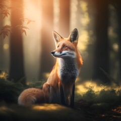 a happy red fox is sitting in a clearing forest sunlight fog summer best quality high details 8k 