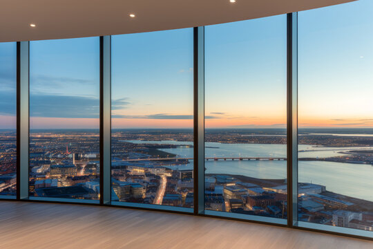 Fototapeta View from a high-rise building overlooking a city at sunset. The view is from a room with floor-to-ceiling windows that are framed in black, and the floor is made of light-colored wood