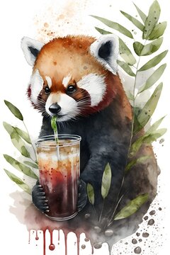 a red panda in the jungle drinking boba water color realistic 