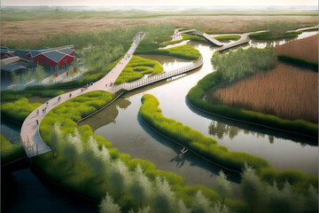 urban waterfront with wetland and boardwalks rendering birdseye view hyperrealistic design creative detailed 