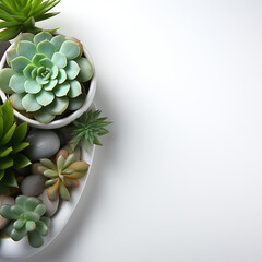Minimalist modern banner with top-view of a succulent on white. Ample copy space for brand messaging. Background for garden centers, lifestyle blogs, home decor retailers