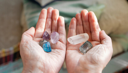 Closeup person's palm hands with healing crystals - obrazy, fototapety, plakaty