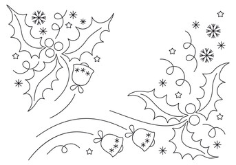 Christmas border with ilex leaves and berries, bells, stars and snoflakes isolated on white background for card, embroidery, interior design, ets.  Hand drawn illustration. Not AI created. Vector set.