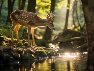 Fotobehang a deer standing on a rock near water © Skyfe
