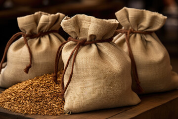 Close-up of burlap sacks with grain