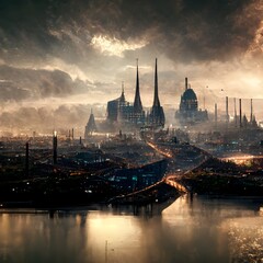 Naklejka premium futuristic dark fantasy budapest cityscape environment panoramic view architectural photography hyperrealistic dynamic perspective cinematic lighting 16k ultrarealistic render unreal engine ar 169 v 