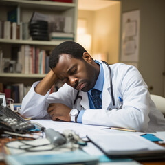 exhausted African American doctor resting at desk.