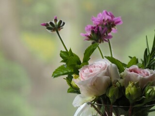 ピンクのバラとハーブのアレンジ