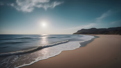 Fototapeta na wymiar Beautiful seascape with sand dunes and ocean waves at sunset