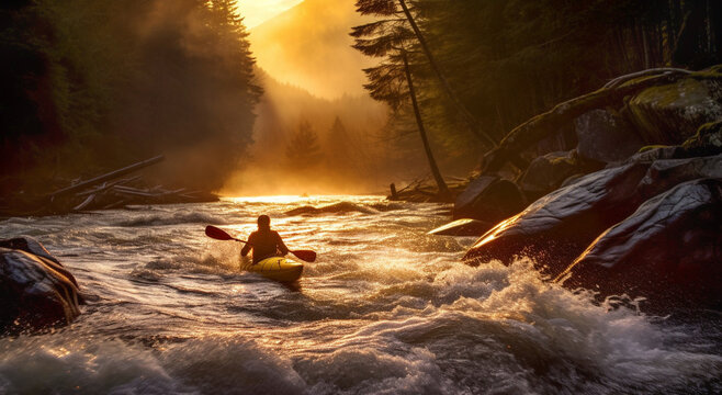 Kayaker Paddling Turbulent Whitewater Rapids on a Mountain River. Generative AI.