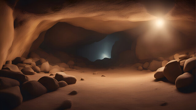 Underground Cave With Light Coming Through The Hole. 3d Rendering