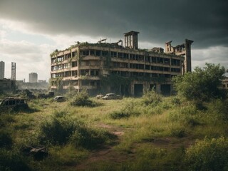 Fototapeta na wymiar a post-apocalyptic game world with ruined cities and overgrown nature