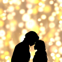 イルミネーションを背景に向き合うカップルのシルエットイラスト