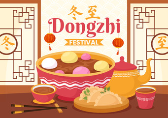 Dongzhi or Winter Solstice Festival Vector Illustration on December 22 with Chinese Food Tangyuan and Jiaozi in Flat Cartoon Background Design