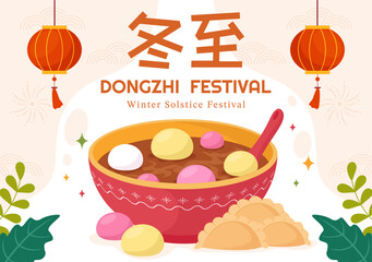 Dongzhi or Winter Solstice Festival Vector Illustration on December 22 with Chinese Food Tangyuan and Jiaozi in Flat Cartoon Background Design